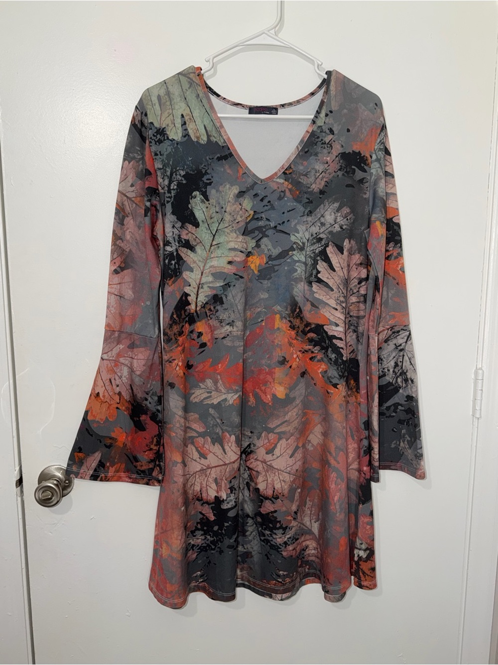 Women L Mini Dress Bell Sleeve V-Neck Leaf Camo Fall Boho Tunic Stretchy
